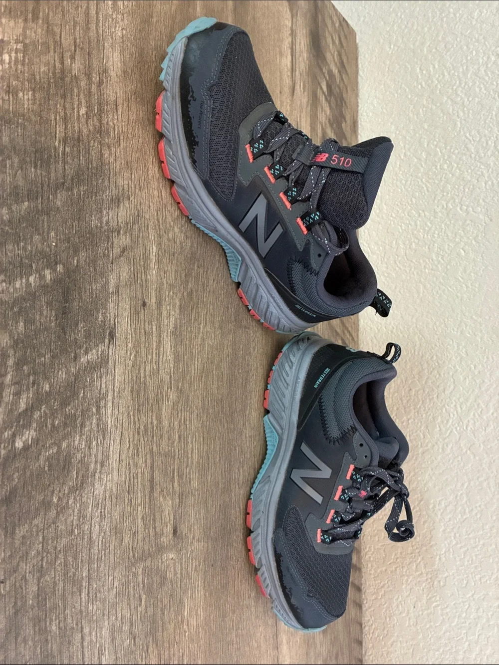 Like New: New Balance Acteva Trail Navy Blue Sneakers with Coral & Blue Accents